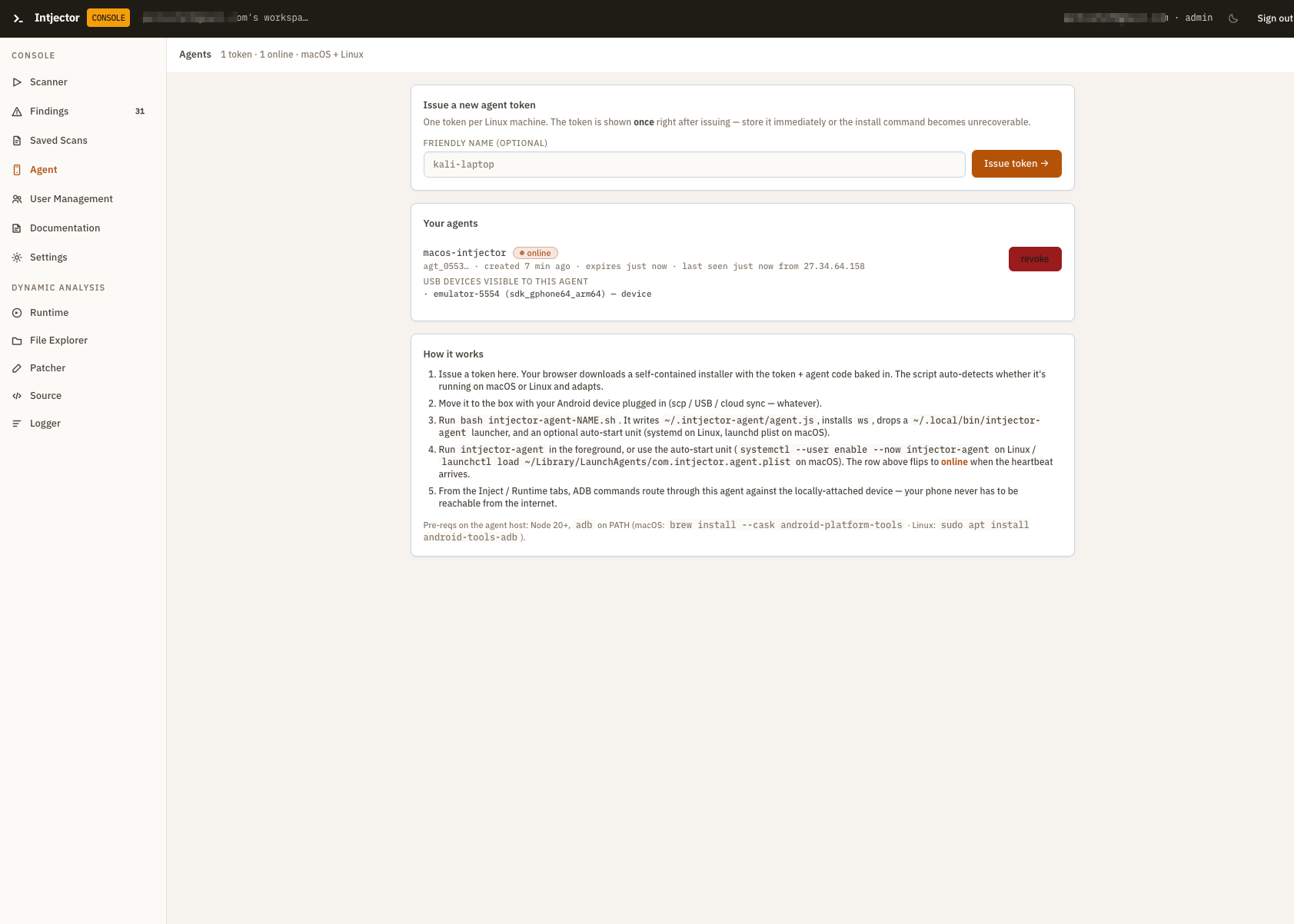 Agent - issue a device-agent token and see the online agent with its attached USB devices