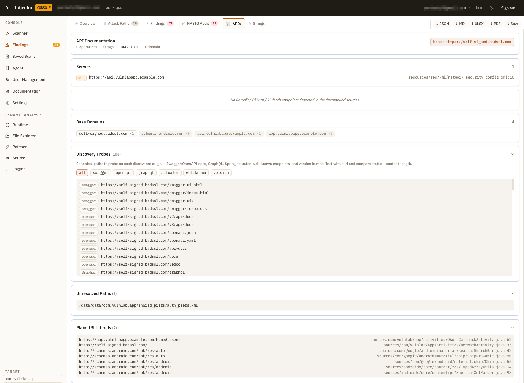APIs - enumerated endpoints, base domains, discovery probes and plain URL literals from the binary