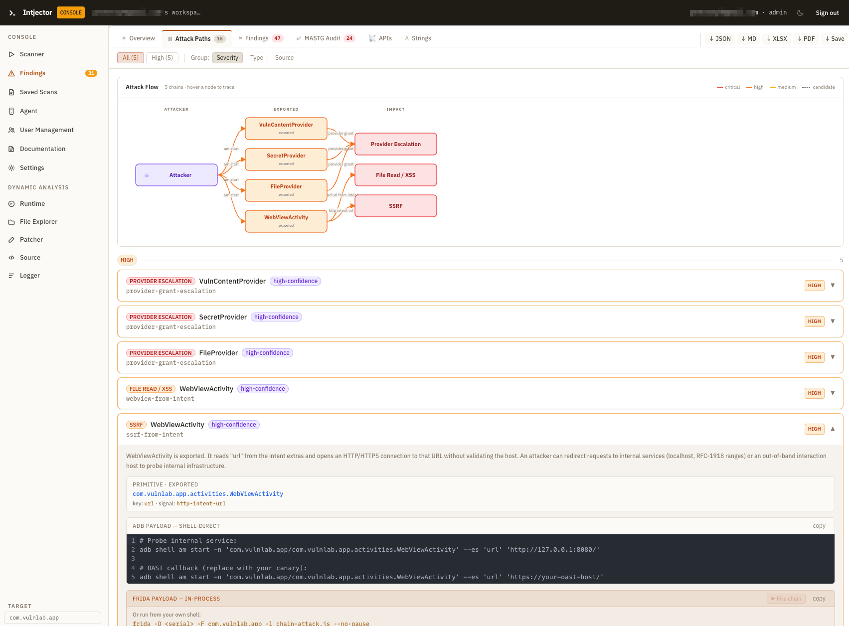 Attack Paths - an attacker-to-impact exploit-chain graph with per-chain adb and Frida payloads