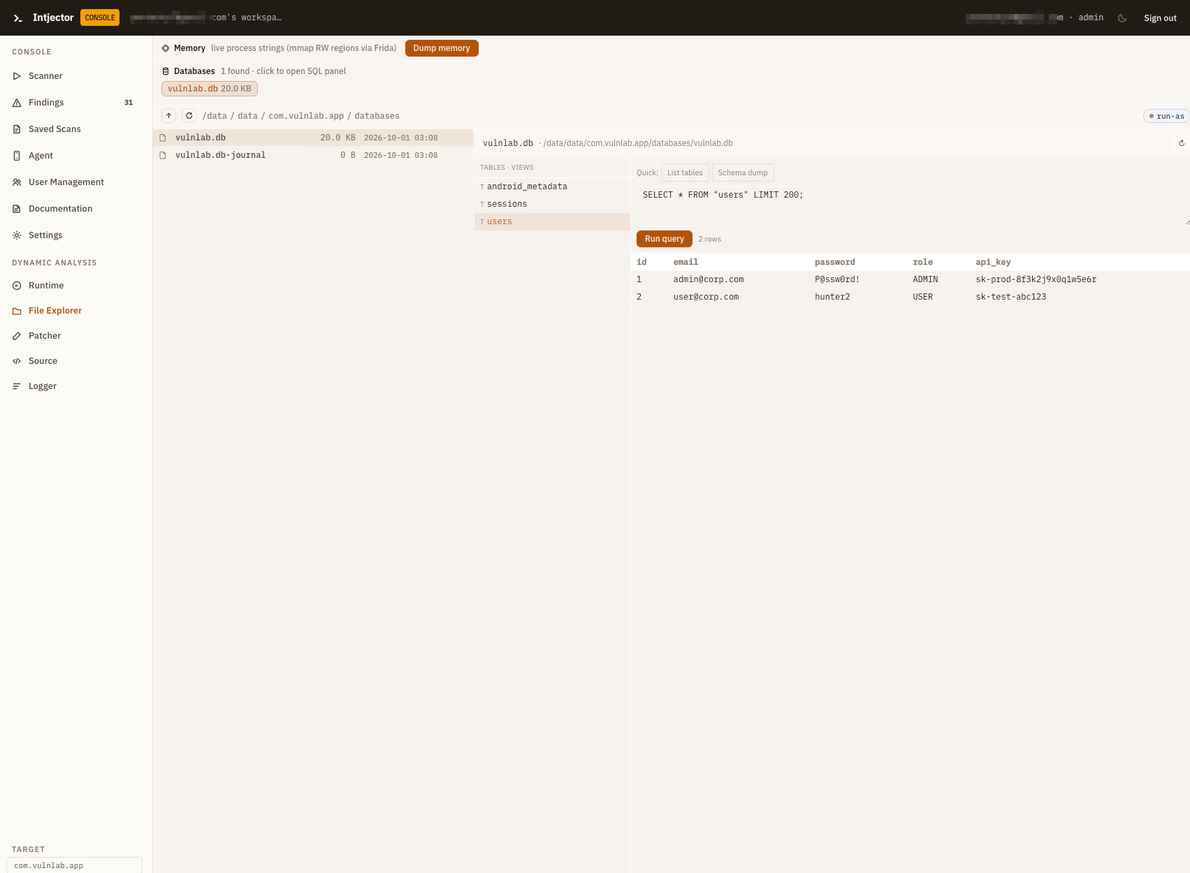 File Explorer - an in-browser SQL panel querying the app database and reading the users table