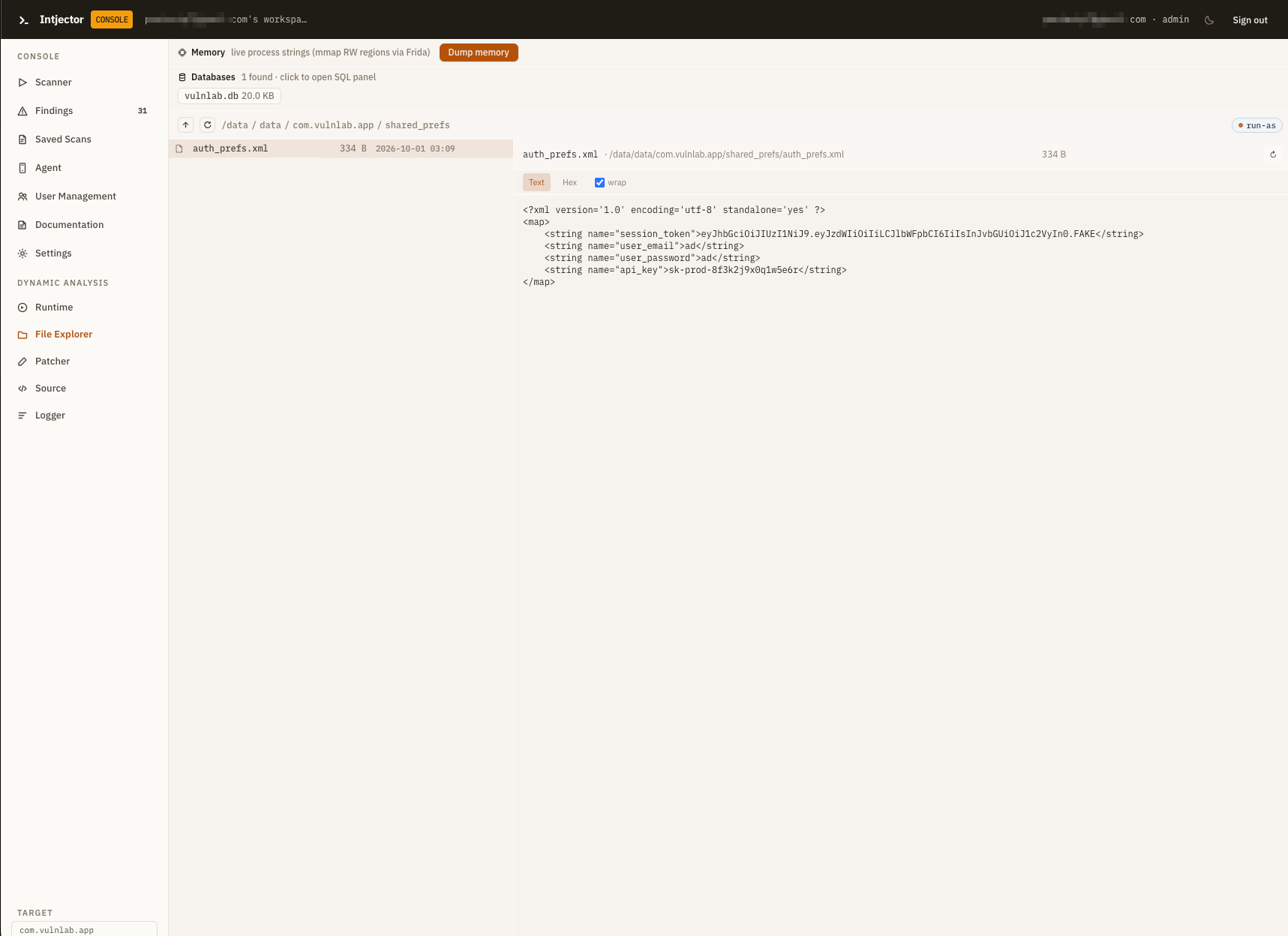 File Explorer - the app sandbox with auth_prefs.xml exposing session token, credentials and API key, read over run-as