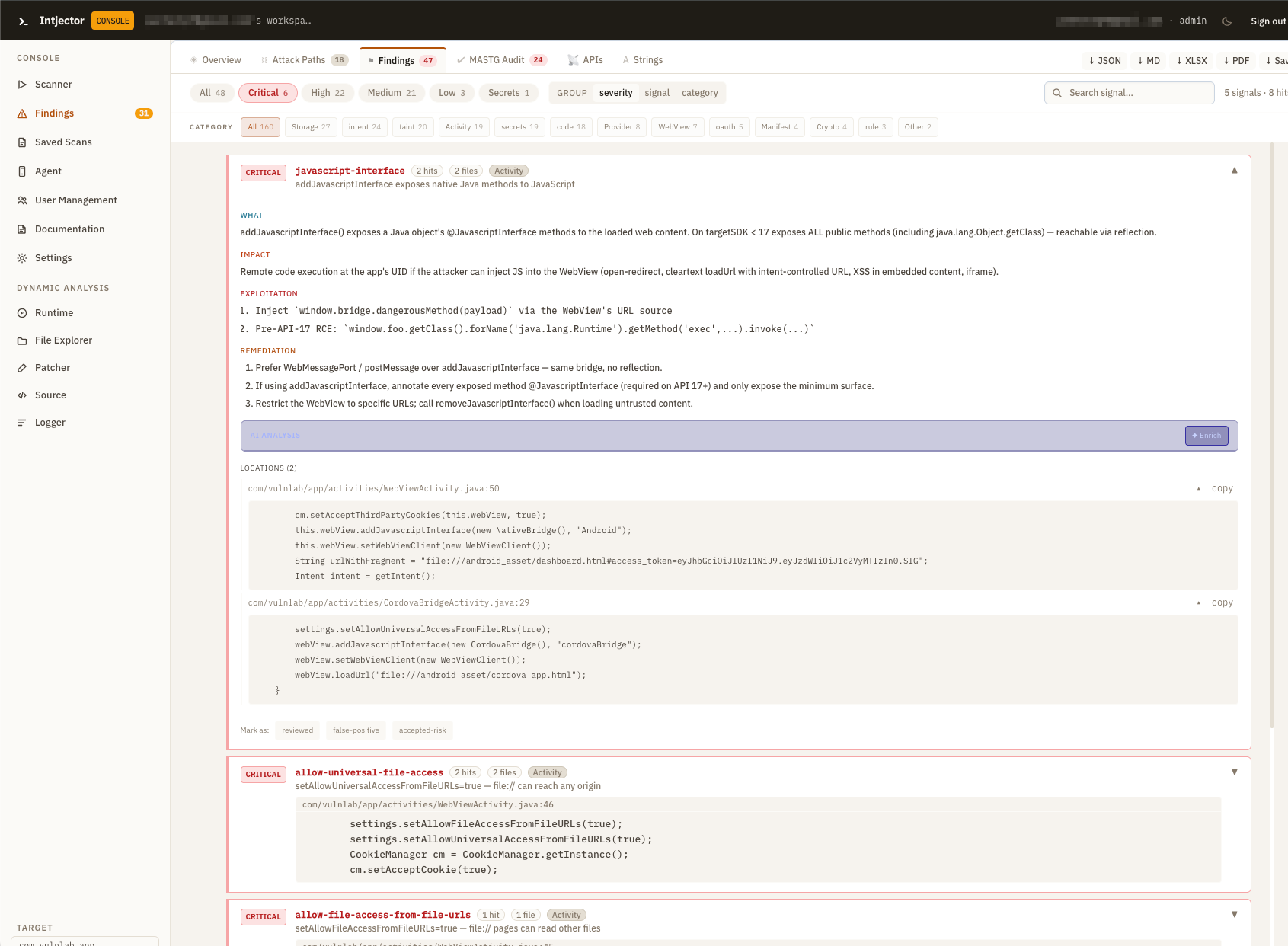 Findings - a critical javascript-interface finding with what, impact, exploitation and remediation, plus review actions