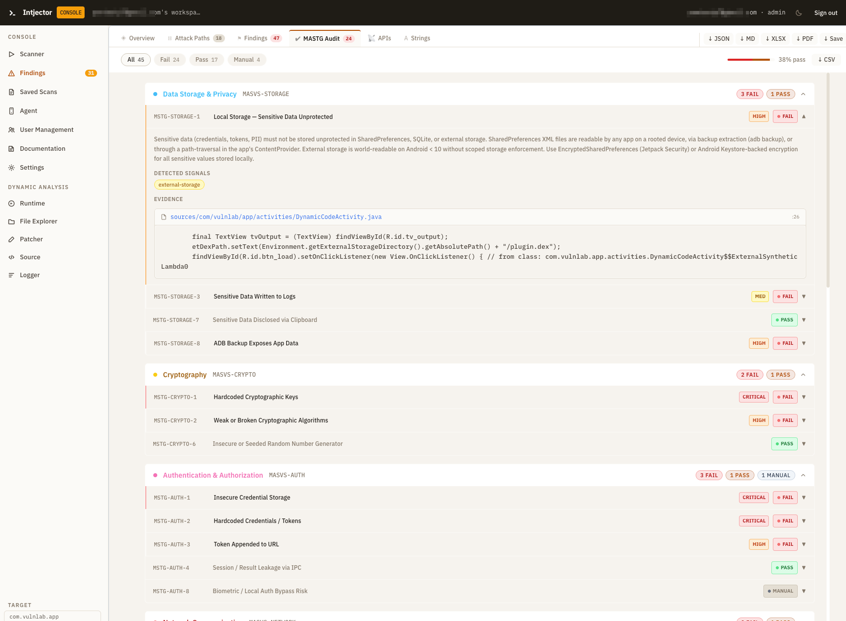 MASTG Audit - MASVS categories with per-test pass and fail status and code evidence
