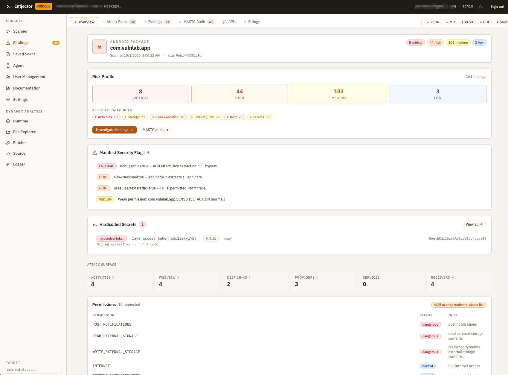 intjector console - Android scan overview: risk profile, manifest security flags, hardcoded secrets and attack surface