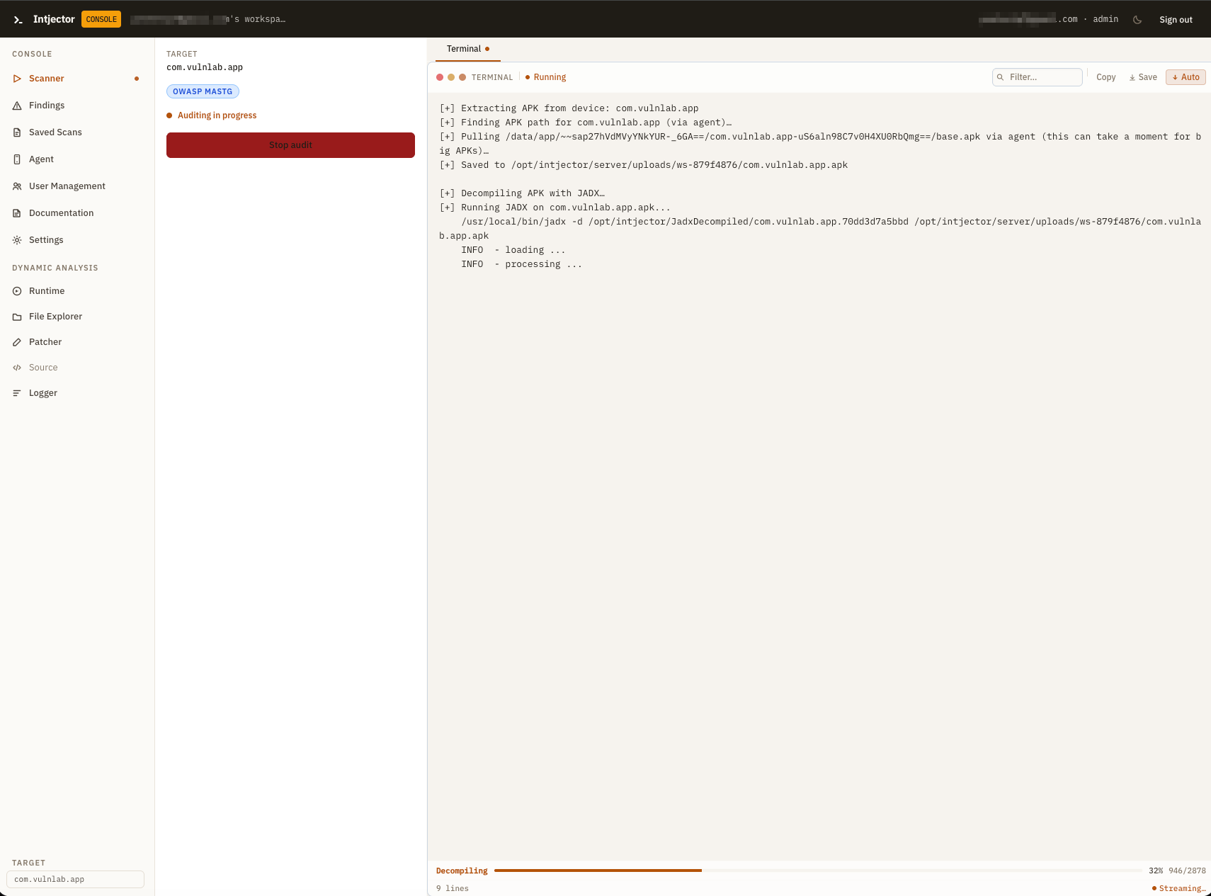Scanner - streaming audit terminal pulling the APK from the device and decompiling with JADX