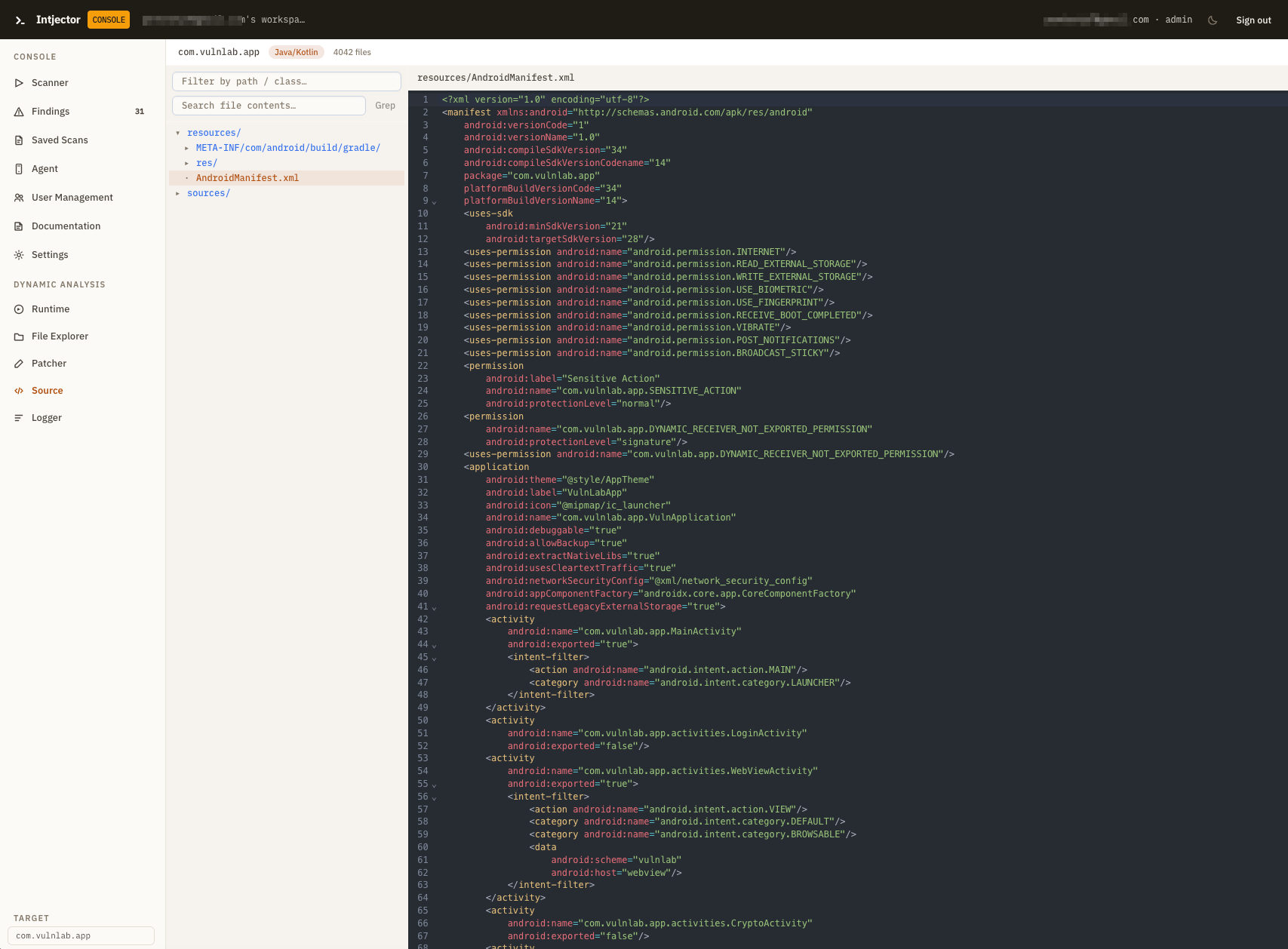 Source - the decompiled source browser showing AndroidManifest.xml with syntax highlighting
