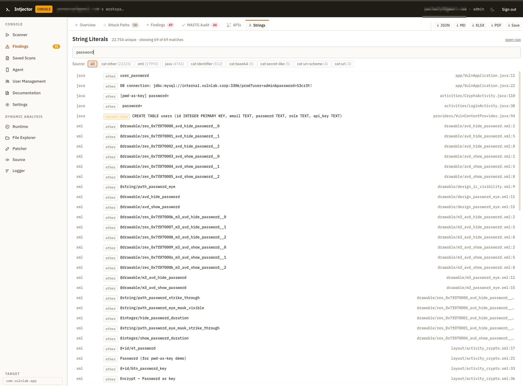 Strings - searching tens of thousands of string literals filtered by secret-like, base64, URI-scheme and URL